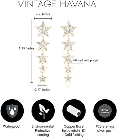 Star Earrings Dangle 18K Gold Plated Cubic Zirconia | Statement Jewelry For Women |925 Sterling Silver Post | Non Tarnish & Waterproof | Gift For Her