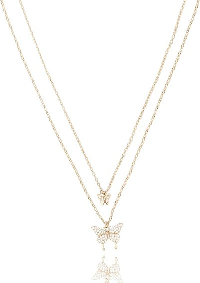 Dainty Double Layered Butterfly Necklace 18K Gold Plated Pave Cubic Zirconia | Non Tarnish & Waterproof | Additional 3” Extender Included