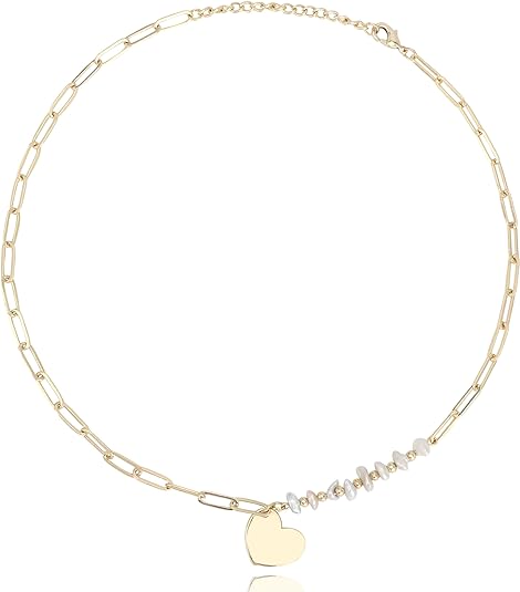 Dainty Heart Shaped Pendant Necklace Paperclip Chain 18K Gold Plated Embellished with Baroque Pearls | Non Tarnish & Waterproof | Additional 3” Extender Included