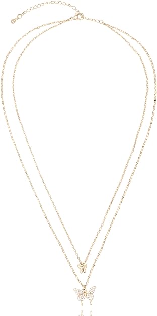 Dainty Double Layered Butterfly Necklace 18K Gold Plated Pave Cubic Zirconia | Non Tarnish & Waterproof | Additional 3” Extender Included