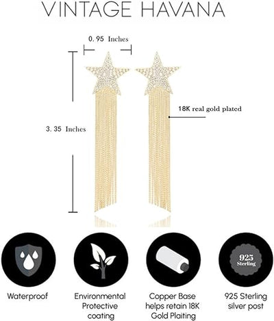 Pave Star Tassel Earrings For Women 18K Gold Plated Cubic Zirconia | Drop & Dangle | Statement | 925 Sterling Silver Post | Non Tarnish & Waterproof | Gift For Her