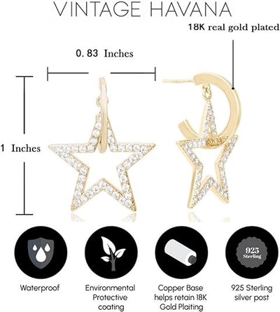 Small Gold Hoop Earrings Adorned With A Dangling Pave Star Motif | 18K Gold Plated Cubic Zirconia | 925 Sterling Silver Post | Non Tarnish & Waterproof | Gift For Her