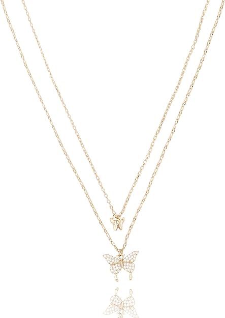 Dainty Double Layered Butterfly Necklace 18K Gold Plated Pave Cubic Zirconia | Non Tarnish & Waterproof | Additional 3” Extender Included - TempleTape.com