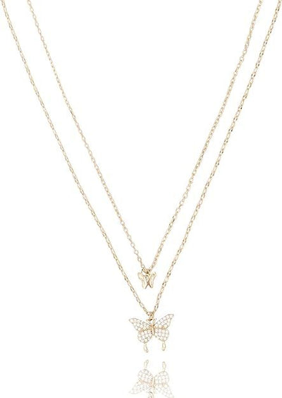 Dainty Double Layered Butterfly Necklace 18K Gold Plated Pave Cubic Zirconia | Non Tarnish & Waterproof | Additional 3” Extender Included - TempleTape.com