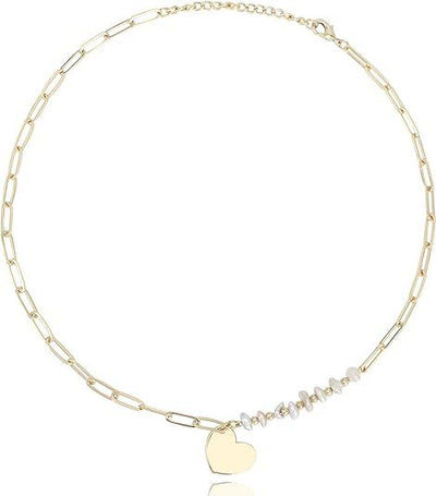 Dainty Heart Shaped Pendant Necklace Paperclip Chain 18K Gold Plated Embellished with Baroque Pearls | Non Tarnish & Waterproof | Additional 3” Extender Included - TempleTape.com