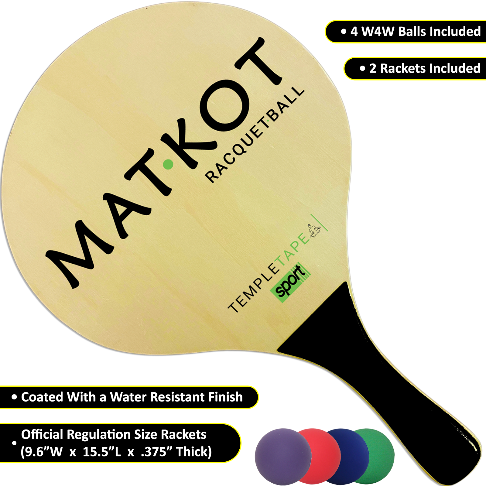 Kadima Beach Paddle Ball Racket Set - Bundle Pack Includes 4 Balls & 2 Paddles - Ages 15+ - TempleTape.com