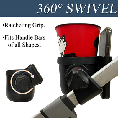 Universal Cup & Phone Holder 2 - in - 1; Mega Strength Adjustable Clamp for Any Stroller, Bike, Walker, Wheel Chair, Car, 360 Degree rotation, fit almost any phone, Large Adjustable Drink Holder For Any Size Cup, Water Bottle, Can - TempleTape.com
