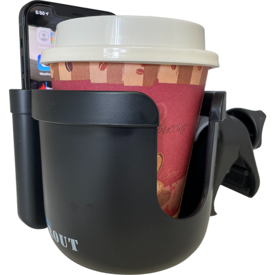 Universal Cup & Phone Holder 2 - in - 1; Mega Strength Adjustable Clamp for Any Stroller, Bike, Walker, Wheel Chair, Car, 360 Degree rotation, fit almost any phone, Large Adjustable Drink Holder For Any Size Cup, Water Bottle, Can - TempleTape.com
