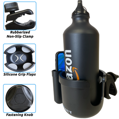 Universal Cup & Phone Holder 2 - in - 1; Mega Strength Adjustable Clamp for Any Stroller, Bike, Walker, Wheel Chair, Car, 360 Degree rotation, fit almost any phone, Large Adjustable Drink Holder For Any Size Cup, Water Bottle, Can - TempleTape.com