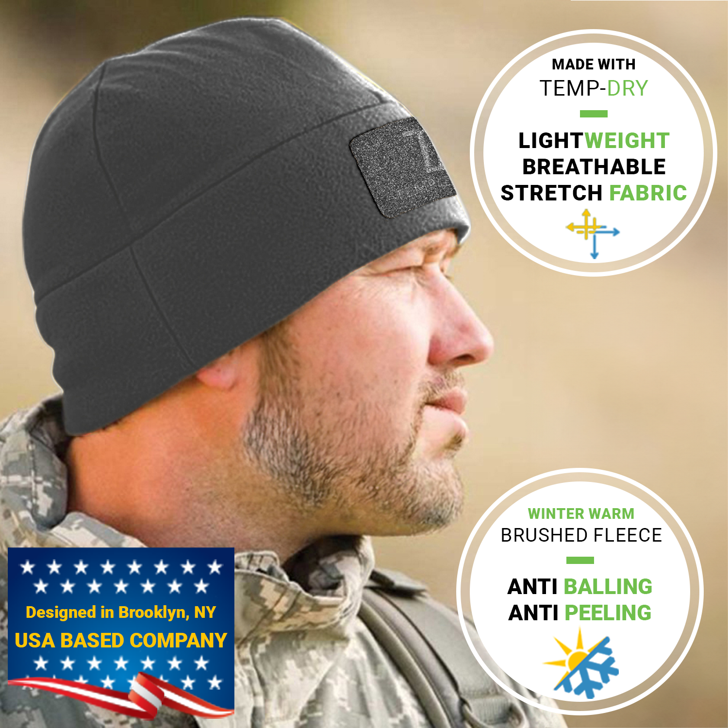Premium Brushed Fleece Tactical  Watch Cap Warm Beanie - Velcro Patch Beanies