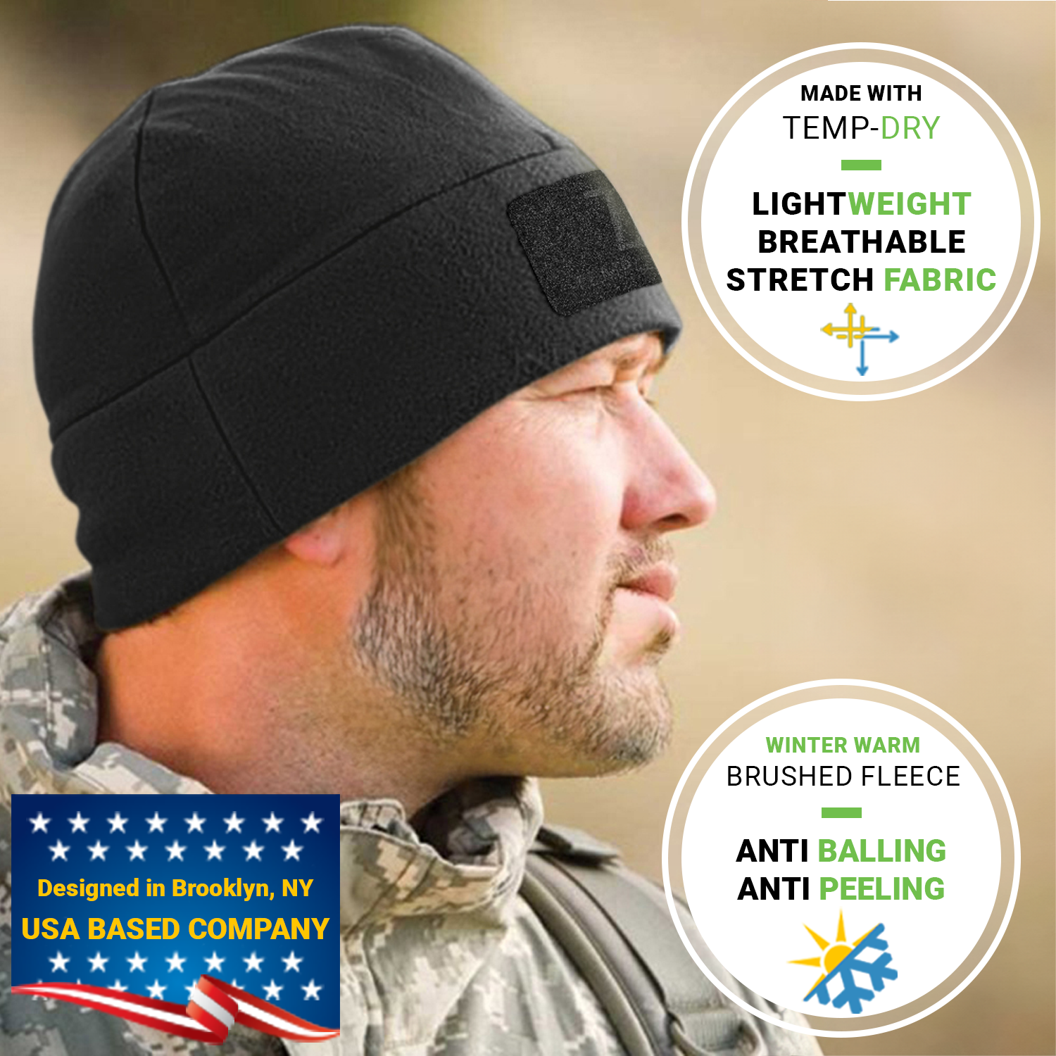 Premium Brushed Fleece Tactical  Watch Cap Warm Beanie - Velcro Patch Beanies