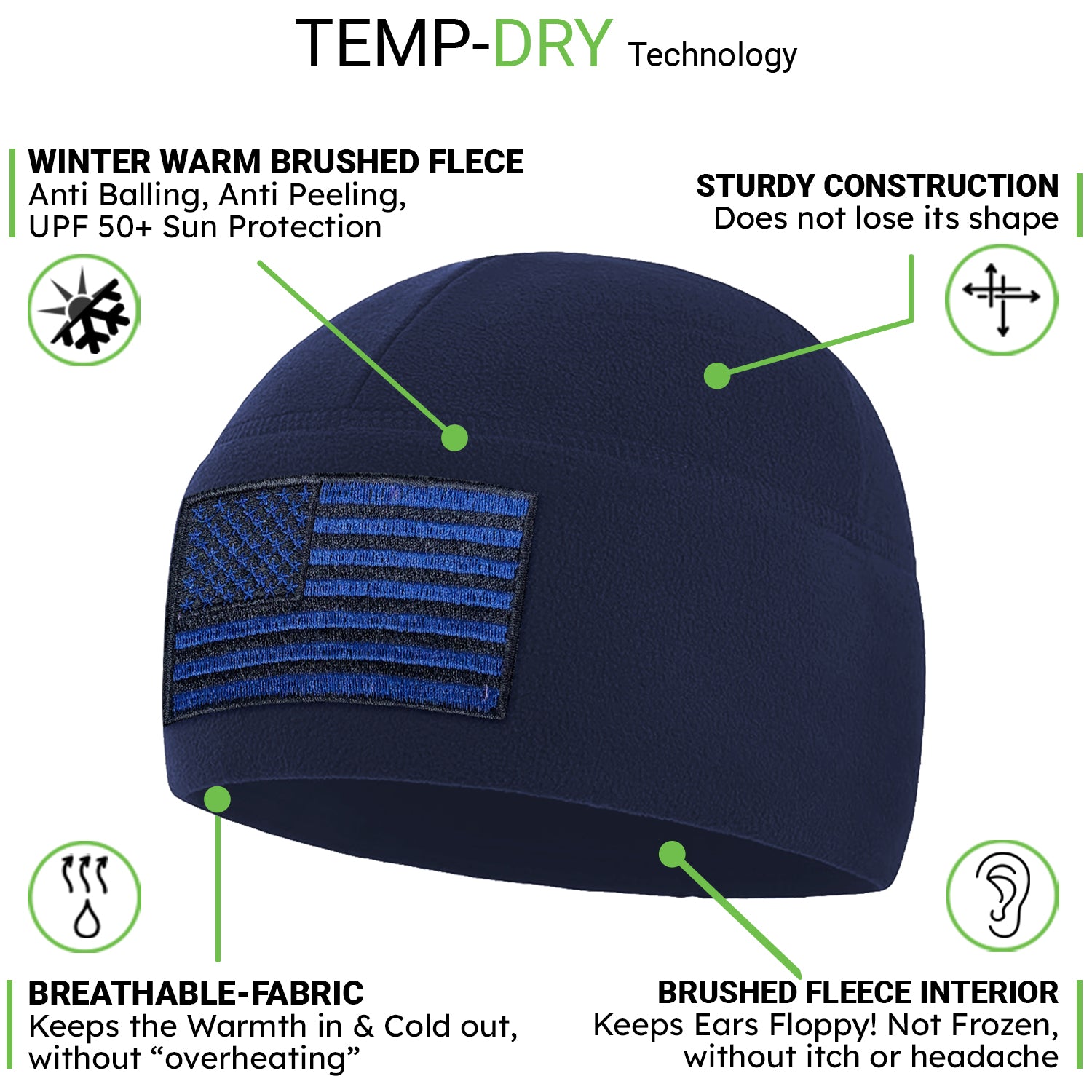 Premium Brushed Fleece Tactical  Watch Cap Warm Beanie - American Flag
