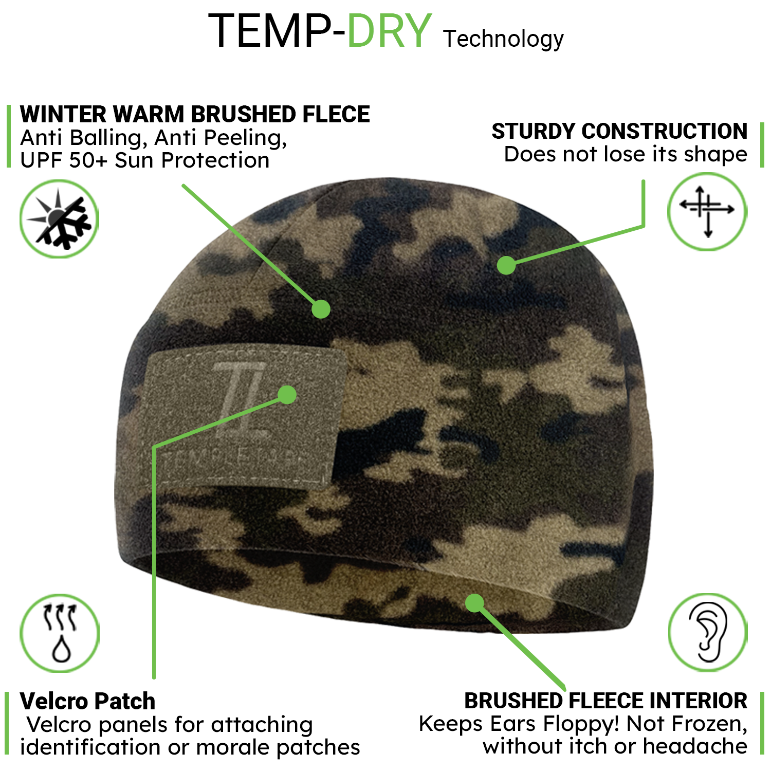 Premium Brushed Fleece Tactical  Watch Cap Warm Beanie - Velcro Patch Beanies