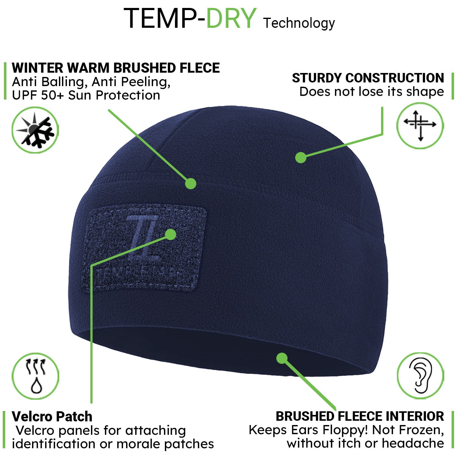 Premium Brushed Fleece Tactical  Watch Cap Warm Beanie - Velcro Patch Beanies