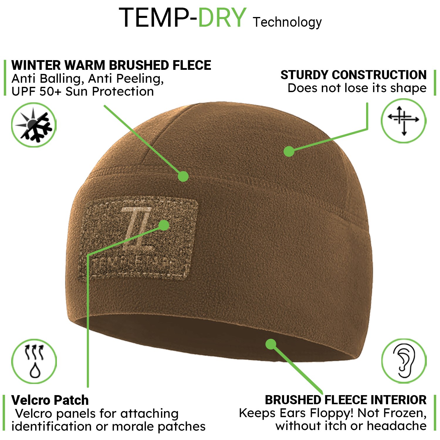 Premium Brushed Fleece Tactical  Watch Cap Warm Beanie - Velcro Patch Beanies
