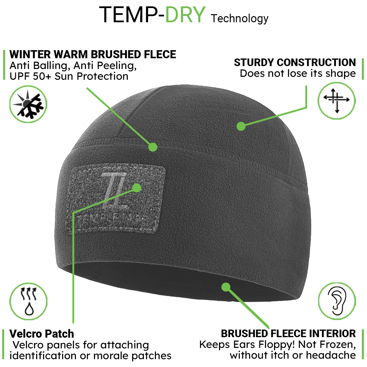 Premium Brushed Fleece Tactical  Watch Cap Warm Beanie - Velcro Patch Beanies