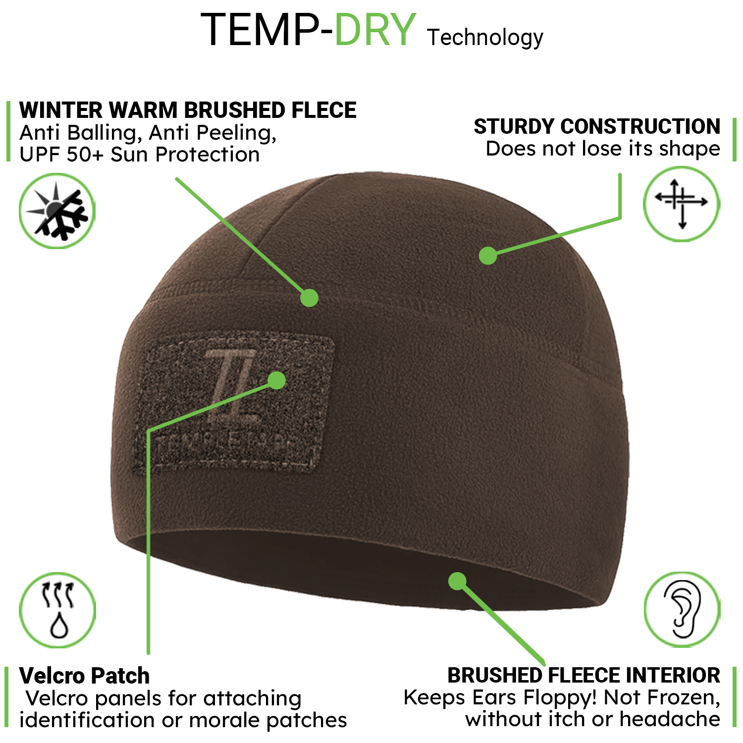 Premium Brushed Fleece Tactical  Watch Cap Warm Beanie - Velcro Patch Beanies