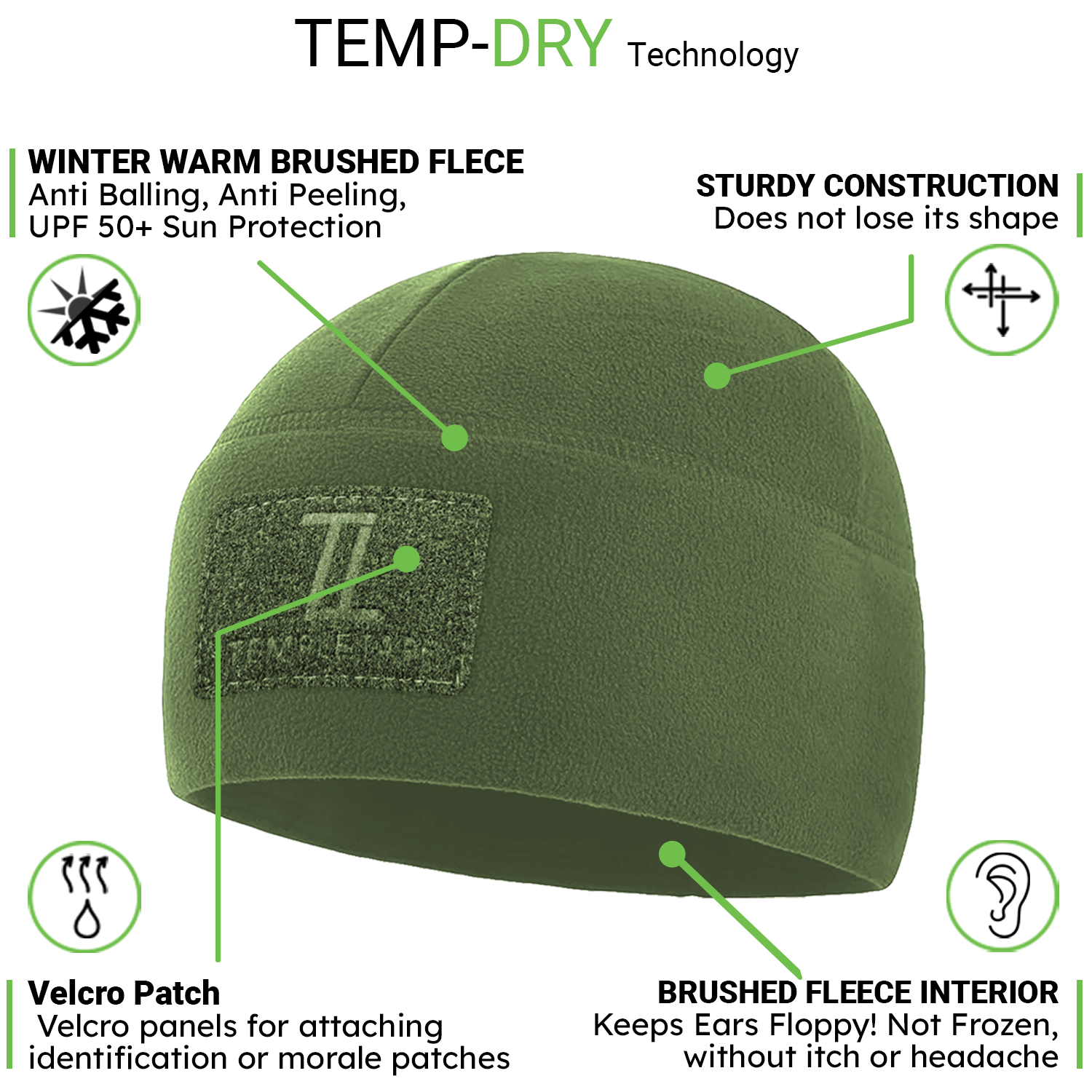 Premium Brushed Fleece Tactical  Watch Cap Warm Beanie - Velcro Patch Beanies