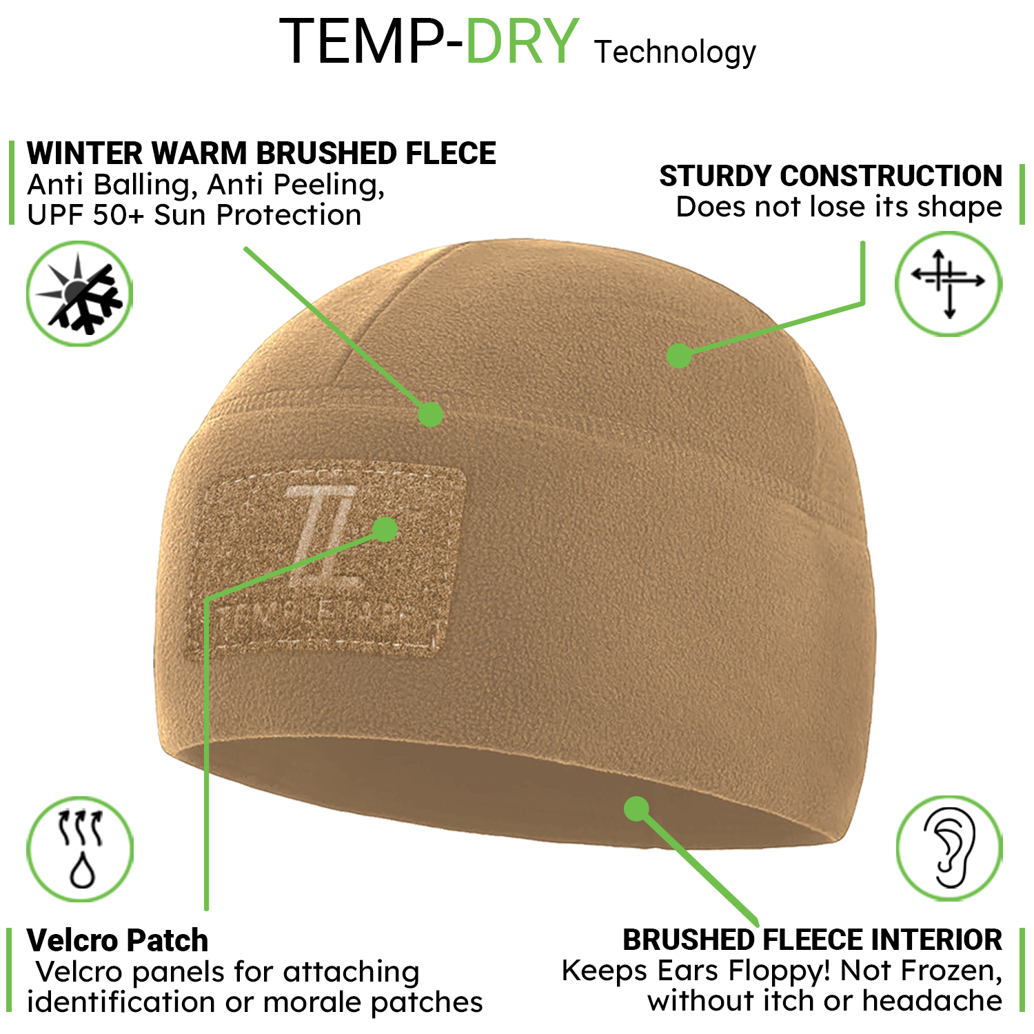 Premium Brushed Fleece Tactical  Watch Cap Warm Beanie - Velcro Patch Beanies