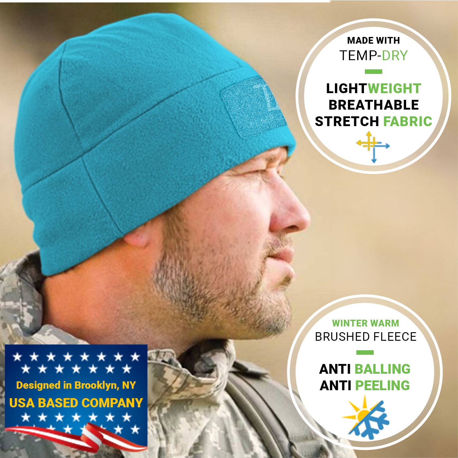 Premium Brushed Fleece Tactical  Watch Cap Warm Beanie - Velcro Patch Beanies