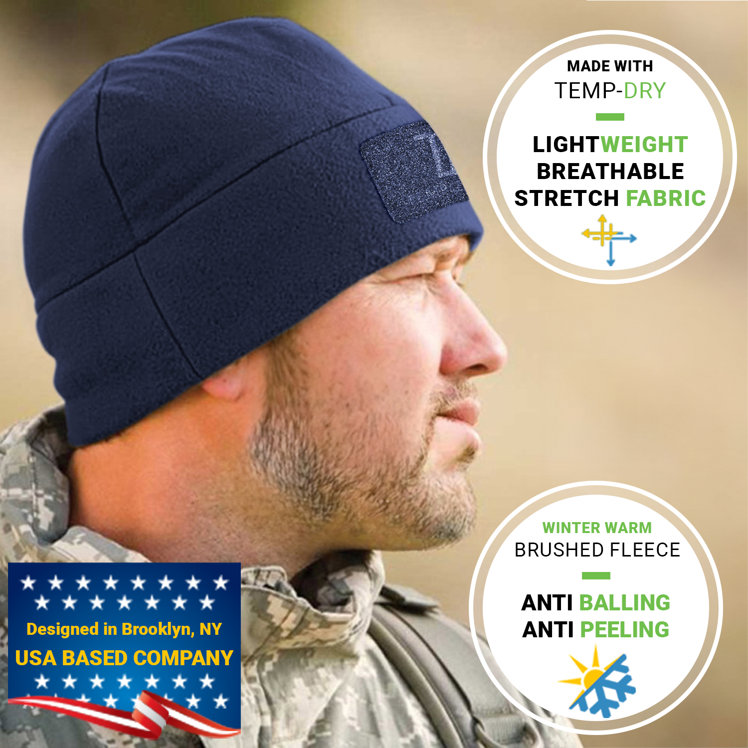 Premium Brushed Fleece Tactical  Watch Cap Warm Beanie - Velcro Patch Beanies