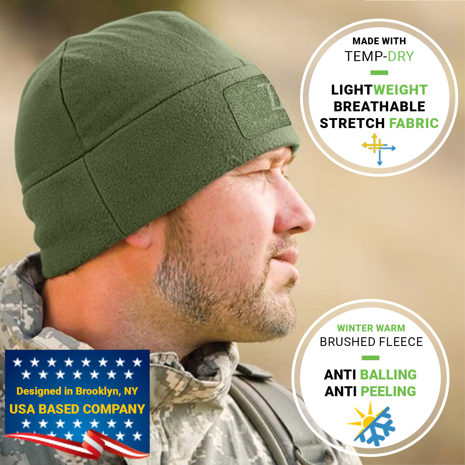 Premium Brushed Fleece Tactical  Watch Cap Warm Beanie - Velcro Patch Beanies