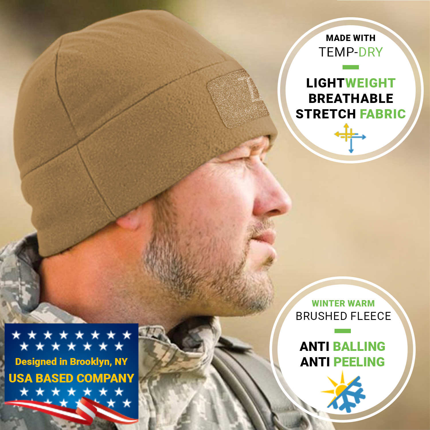 Premium Brushed Fleece Tactical  Watch Cap Warm Beanie - Velcro Patch Beanies